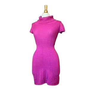 Pink Rose Magenta Ribbed Turtleneck Short Sleeve Bodycon Sweater Dress Y2K Twee